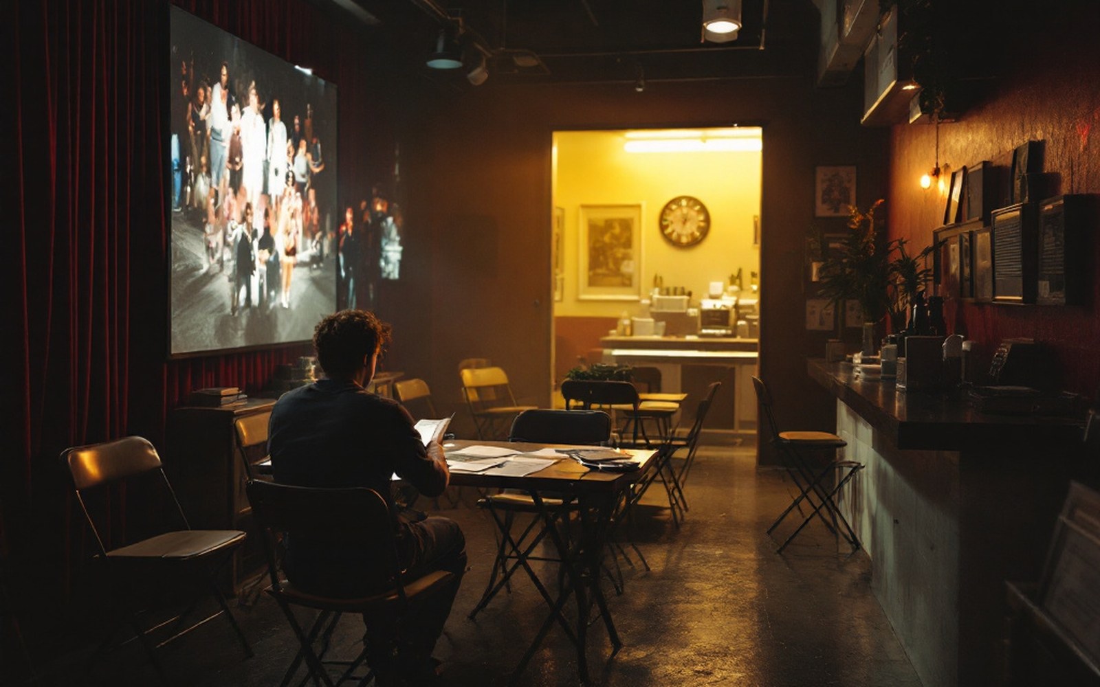 A casting room: folding chairs, a table with headshots spread out, an adult reader waiting
