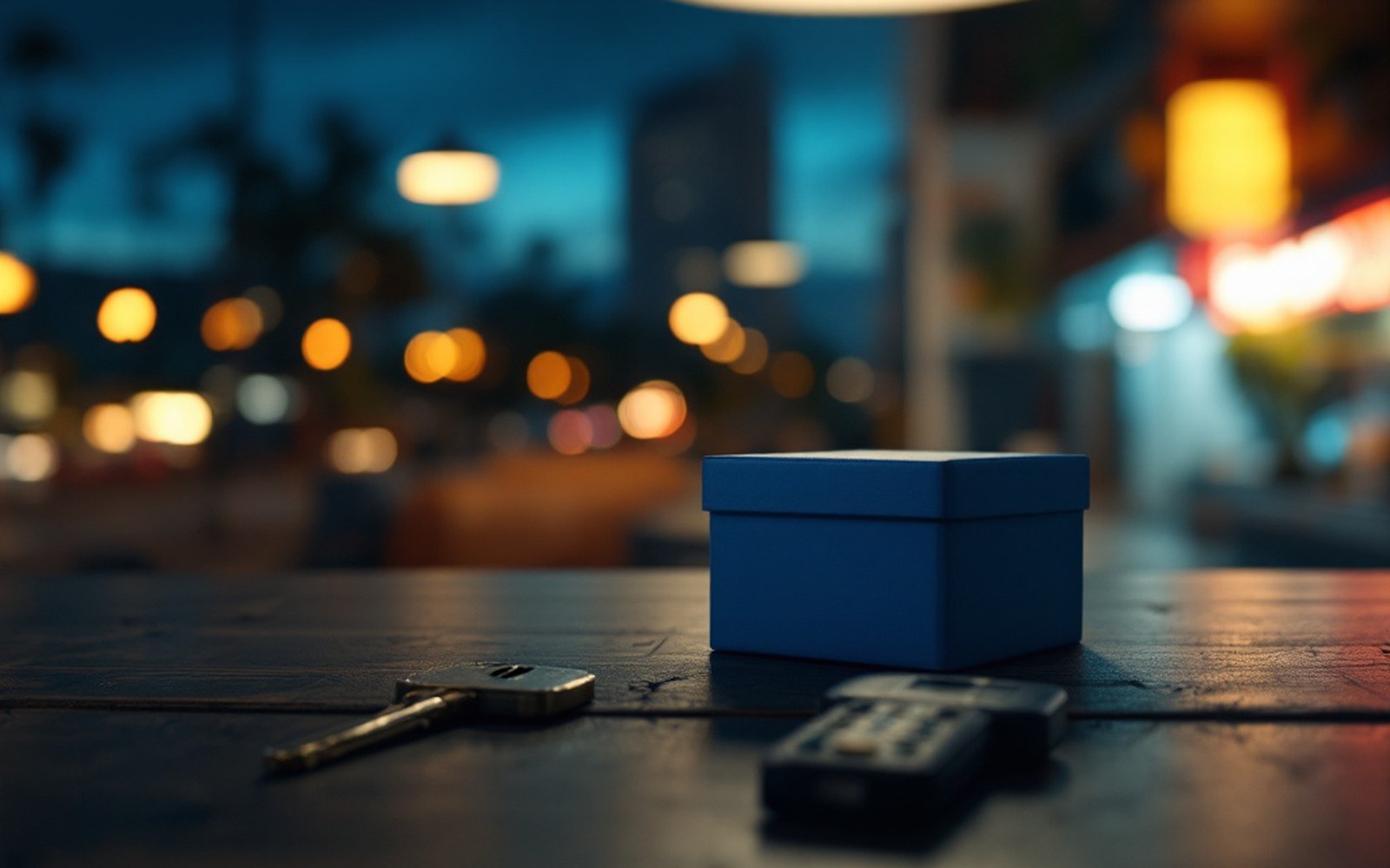 A small blue box on a table beside a key, shallow focus