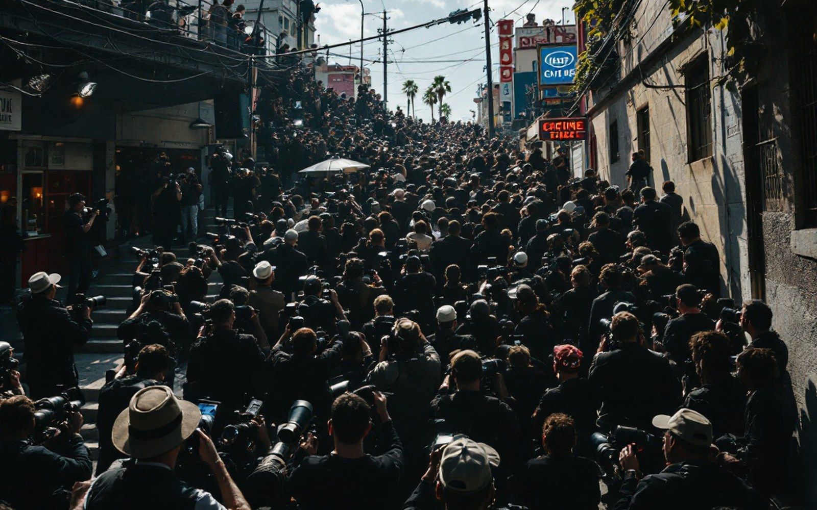 A dense bank of press photographers on tiered risers, long lenses raised in unison, backs and shoulders filling the frame, hard midday sun; no signage, banners or writing anywhere