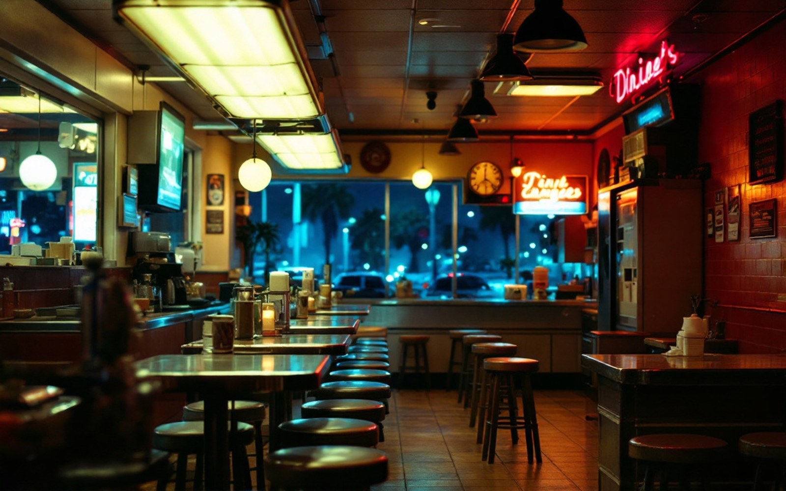 A diner counter at night, fluorescent light, no customers