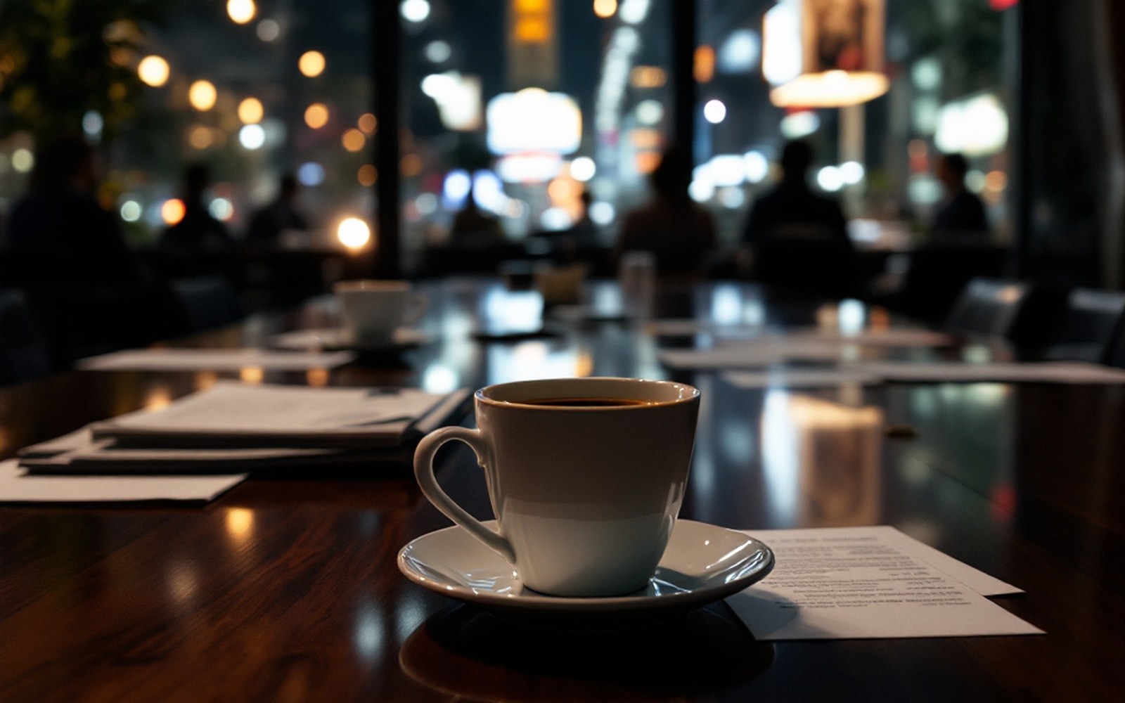 An espresso cup pushed to one side of a polished boardroom table, scattered contract pages beside it, seated figures out of focus behind
