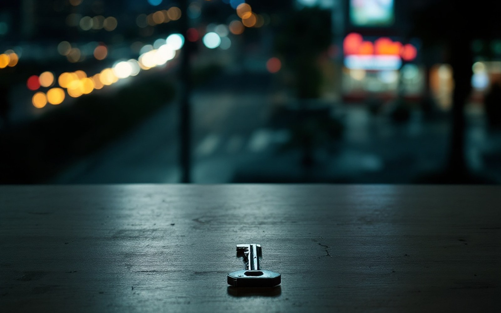 A plain key on a bare tabletop under hard light